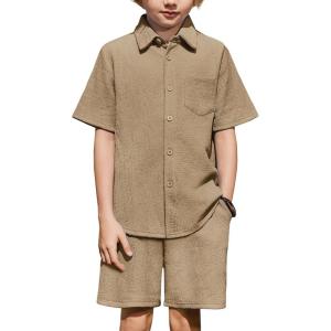 Arshiner Boys 2 Piece Summer Outfits Waffle Knit Short Sleeve Button Down Shirt & Casual Shorts Sets Size 4-12(Khaki)