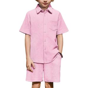 Arshiner Boys 2 Piece Summer Outfits Waffle Knit Short Sleeve Button Down Shirt & Casual Shorts Sets Size 4-12(Light Pink)
