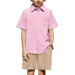 Arshiner Boys 2 Piece Summer Outfits Waffle Knit Short Sleeve Button Down Shirt & Casual Shorts Sets Size 4-12(Pink-khaki)