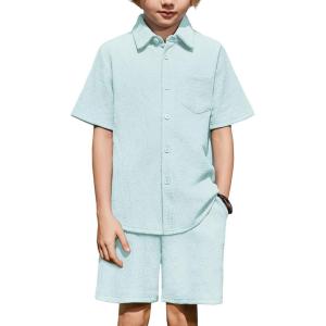 Arshiner Boys 2 Piece Summer Outfits Waffle Knit Short Sleeve Button Down Shirt & Casual Shorts Sets Size 4-12(Sky Blue)