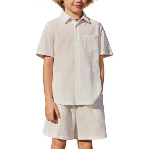 Arshiner Boys 2 Piece Summer Outfits Waffle Knit Short Sleeve Button Down Shirt & Casual Shorts Sets Size 4-12(White)