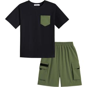 Arshiner Boys’ 2-Piece Cotton Outfit Short Sleeve Crewneck T-Shirt & Cargo Shorts Set Summer Casual Clothes for Kids 5-13(Black&army Green)