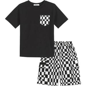 Arshiner Boys’ 2-Piece Cotton Outfit Short Sleeve Crewneck T-Shirt & Cargo Shorts Set Summer Casual Clothes for Kids 5-13(Black&black-and-white Check)