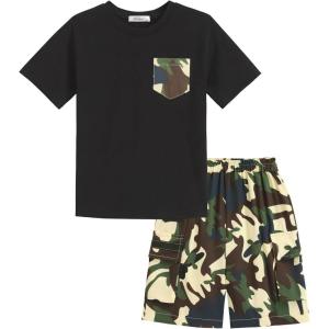 Arshiner Boys’ 2-Piece Cotton Outfit Short Sleeve Crewneck T-Shirt & Cargo Shorts Set Summer Casual Clothes for Kids 5-13(Black&green Camo)