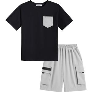 Arshiner Boys’ 2-Piece Cotton Outfit Short Sleeve Crewneck T-Shirt & Cargo Shorts Set Summer Casual Clothes for Kids 5-13(Black&grey)