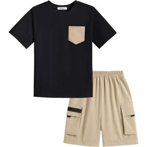 Arshiner Boys’ 2-Piece Cotton Outfit Short Sleeve Crewneck T-Shirt & Cargo Shorts Set Summer Casual Clothes for Kids 5-13(Black&khaki)