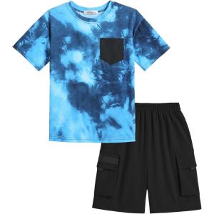 Arshiner Boys’ 2-Piece Cotton Outfit Short Sleeve Crewneck T-Shirt & Cargo Shorts Set Summer Casual Clothes for Kids 5-13(Indigo Tie-dye&black)