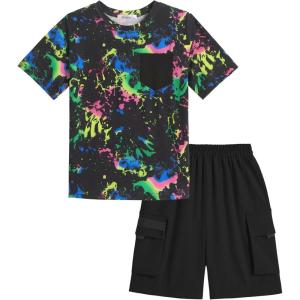 Arshiner Boys’ 2-Piece Cotton Outfit Short Sleeve Crewneck T-Shirt & Cargo Shorts Set Summer Casual Clothes for Kids 5-13(Splash-ink Printing&black)