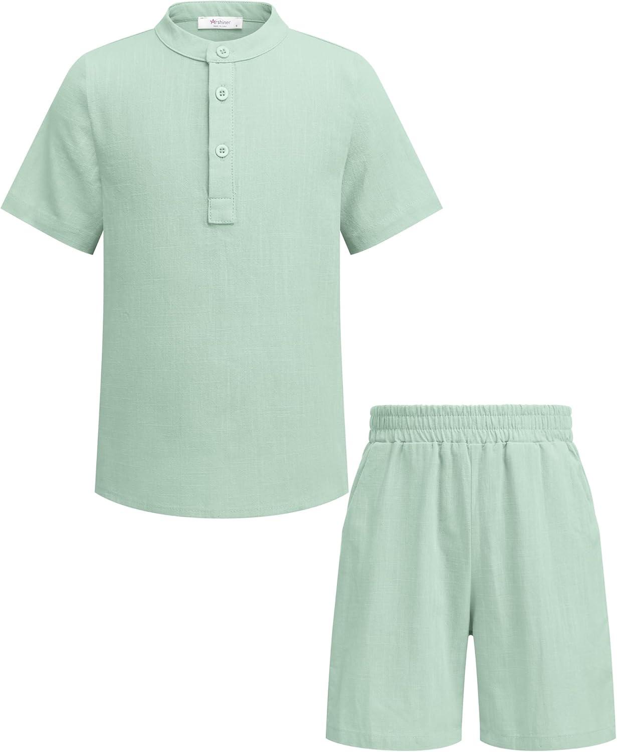 image:imageArshiner Boys 2 Pieces Linen Set Casual Henley Shirts Short Sleeve Beach Shorts Summer Shorts Outfits
