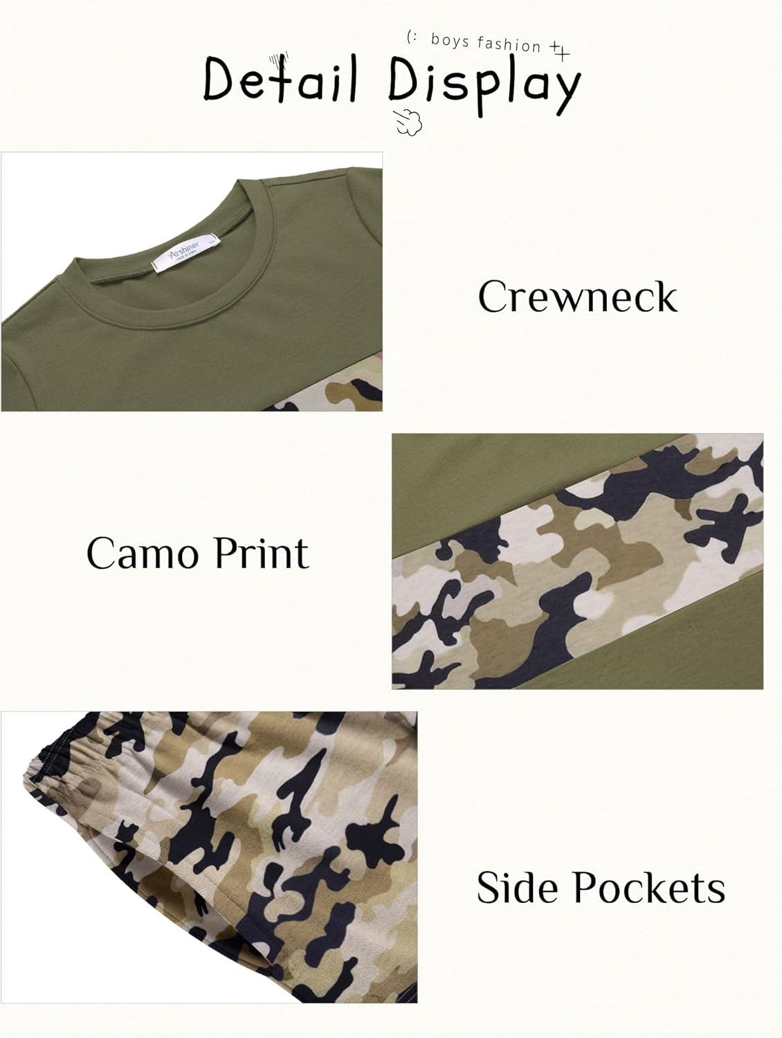 image:imageArshiner Boys 2Piece Cotton Outfit Color Block TShirt and Shorts Set Summer Camo Clothes for Kids 514 YearsArmy Green