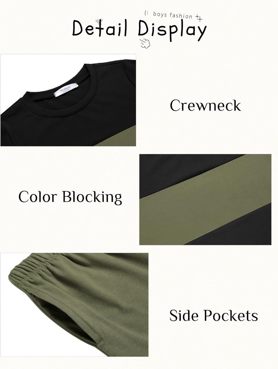 image:imageArshiner Boys 2Piece Cotton Outfit Color Block TShirt and Shorts Set Summer Camo Clothes for Kids 514 YearsBlack Army Green Black