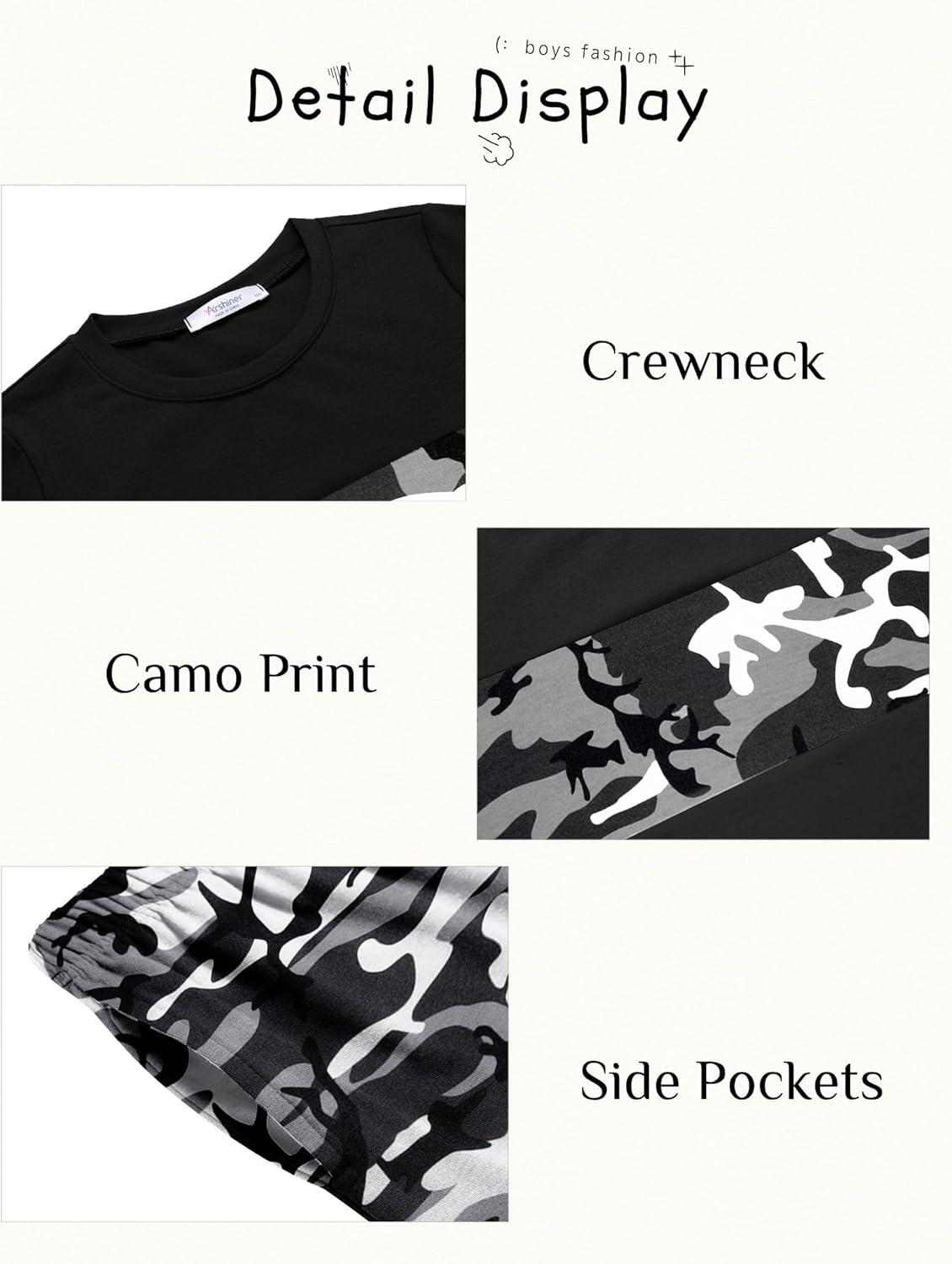image:imageArshiner Boys 2Piece Cotton Outfit Color Block TShirt and Shorts Set Summer Camo Clothes for Kids 514 YearsBlack Grey Camouflage