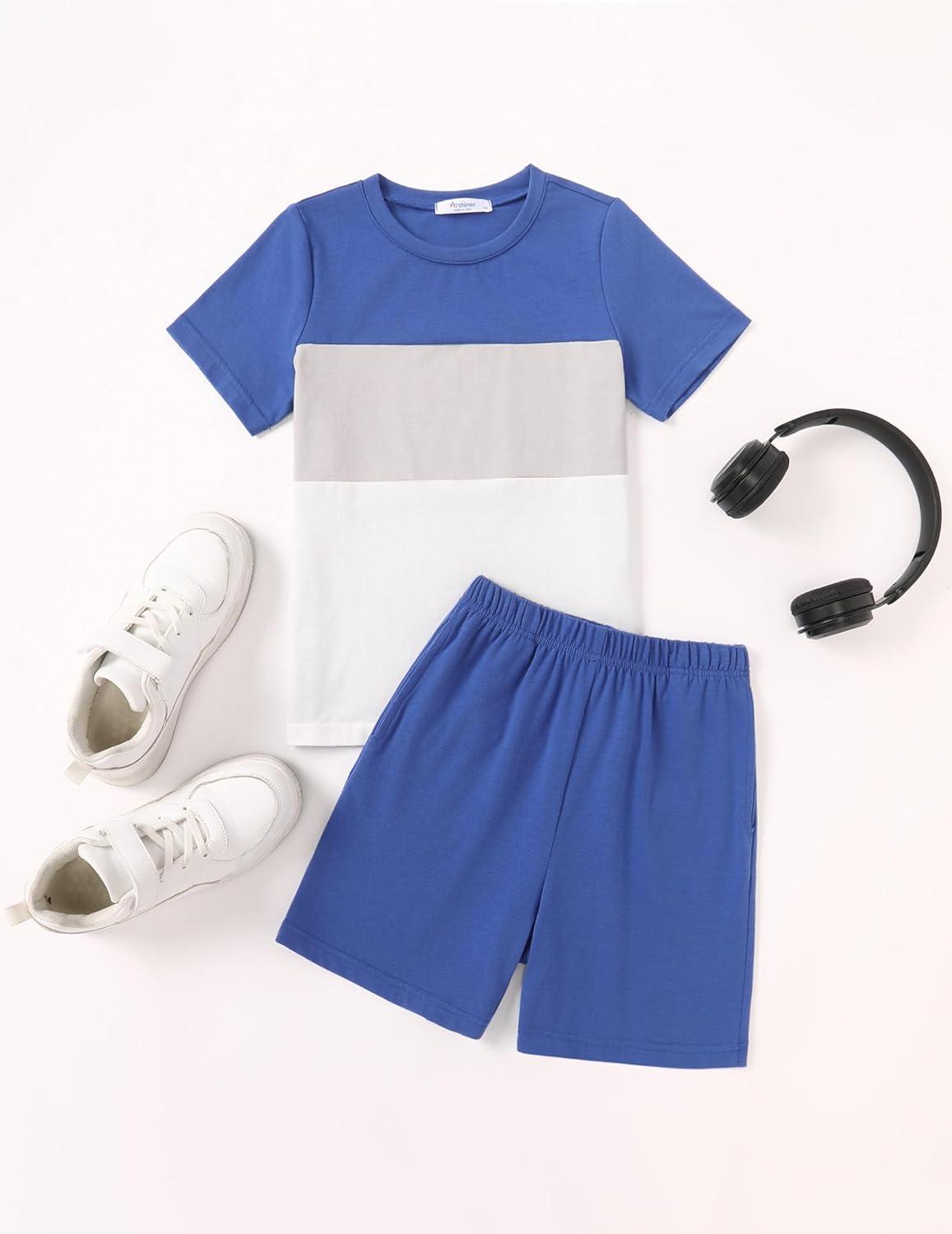 image:imageArshiner Boys 2Piece Cotton Outfit Color Block TShirt and Shorts Set Summer Camo Clothes for Kids 514 YearsBlue Grey White