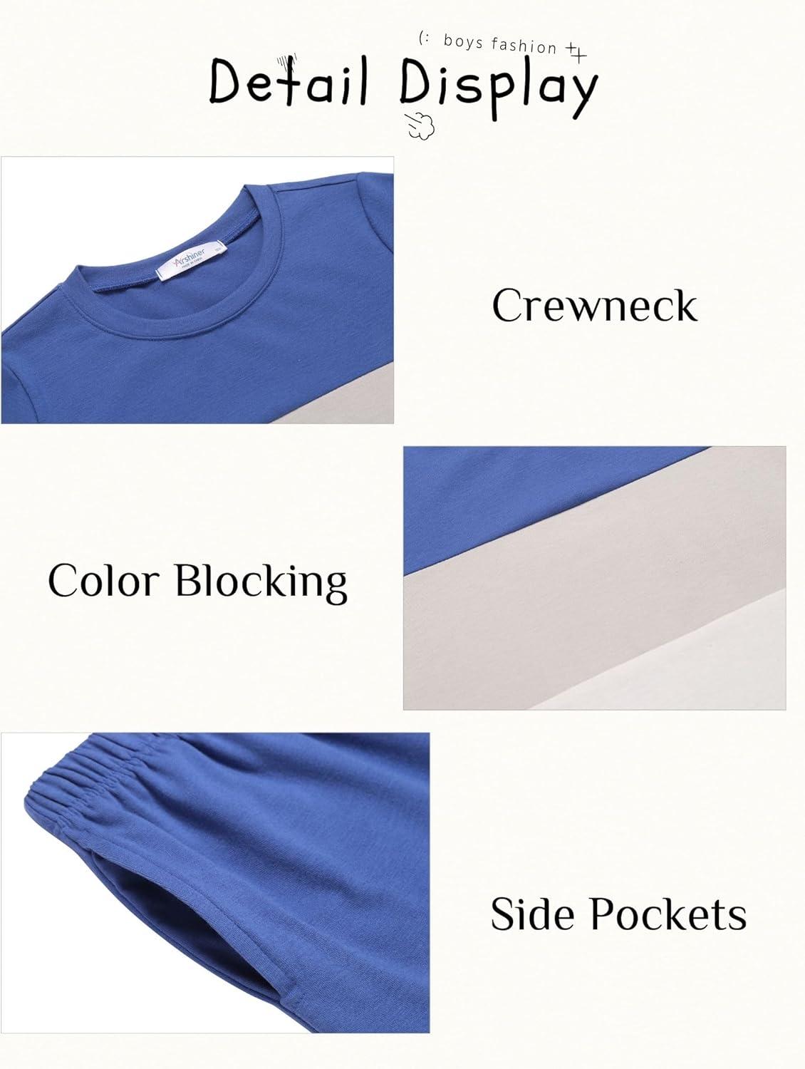 image:imageArshiner Boys 2Piece Cotton Outfit Color Block TShirt and Shorts Set Summer Camo Clothes for Kids 514 YearsBlue Grey White