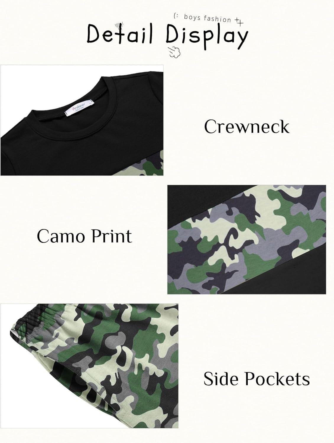 image:imageArshiner Boys 2Piece Cotton Outfit Color Block TShirt and Shorts Set Summer Camo Clothes for Kids 514 YearsCamo Black Army Green