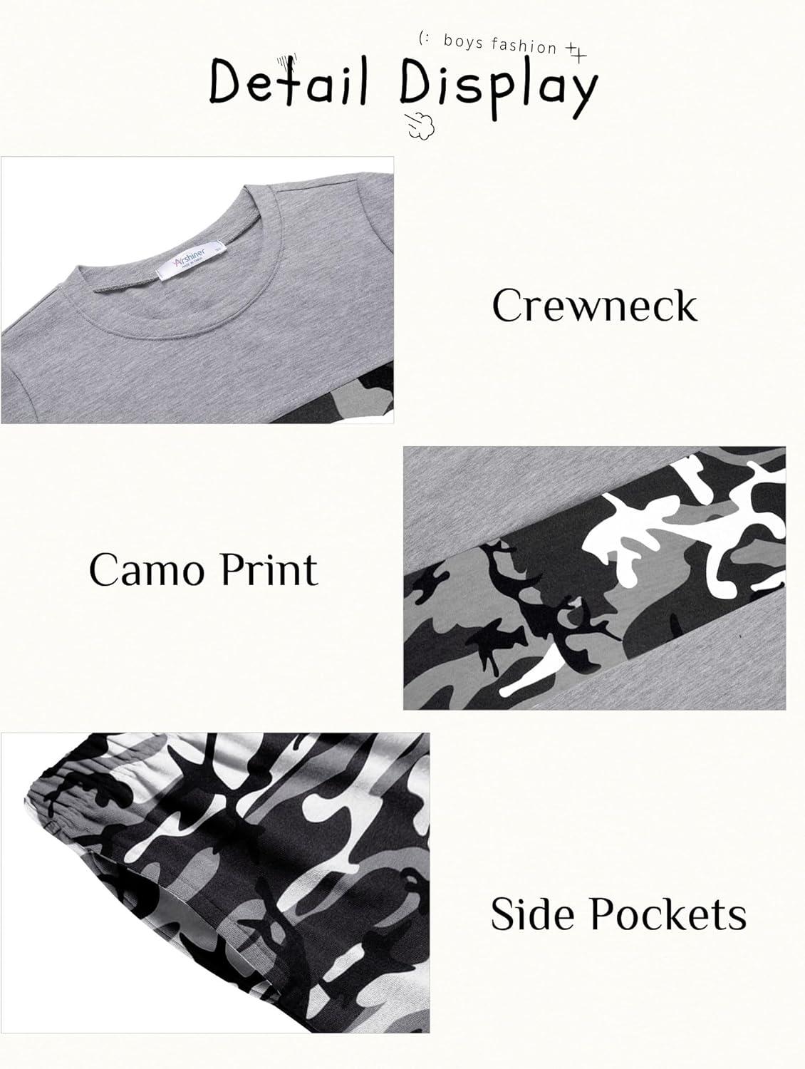 image:imageArshiner Boys 2Piece Cotton Outfit Color Block TShirt and Shorts Set Summer Camo Clothes for Kids 514 YearsCamo Grey
