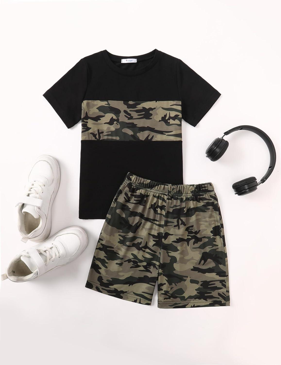 image:imageArshiner Boys 2Piece Cotton Outfit Color Block TShirt and Shorts Set Summer Camo Clothes for Kids 514 YearsCamouflage Army Green
