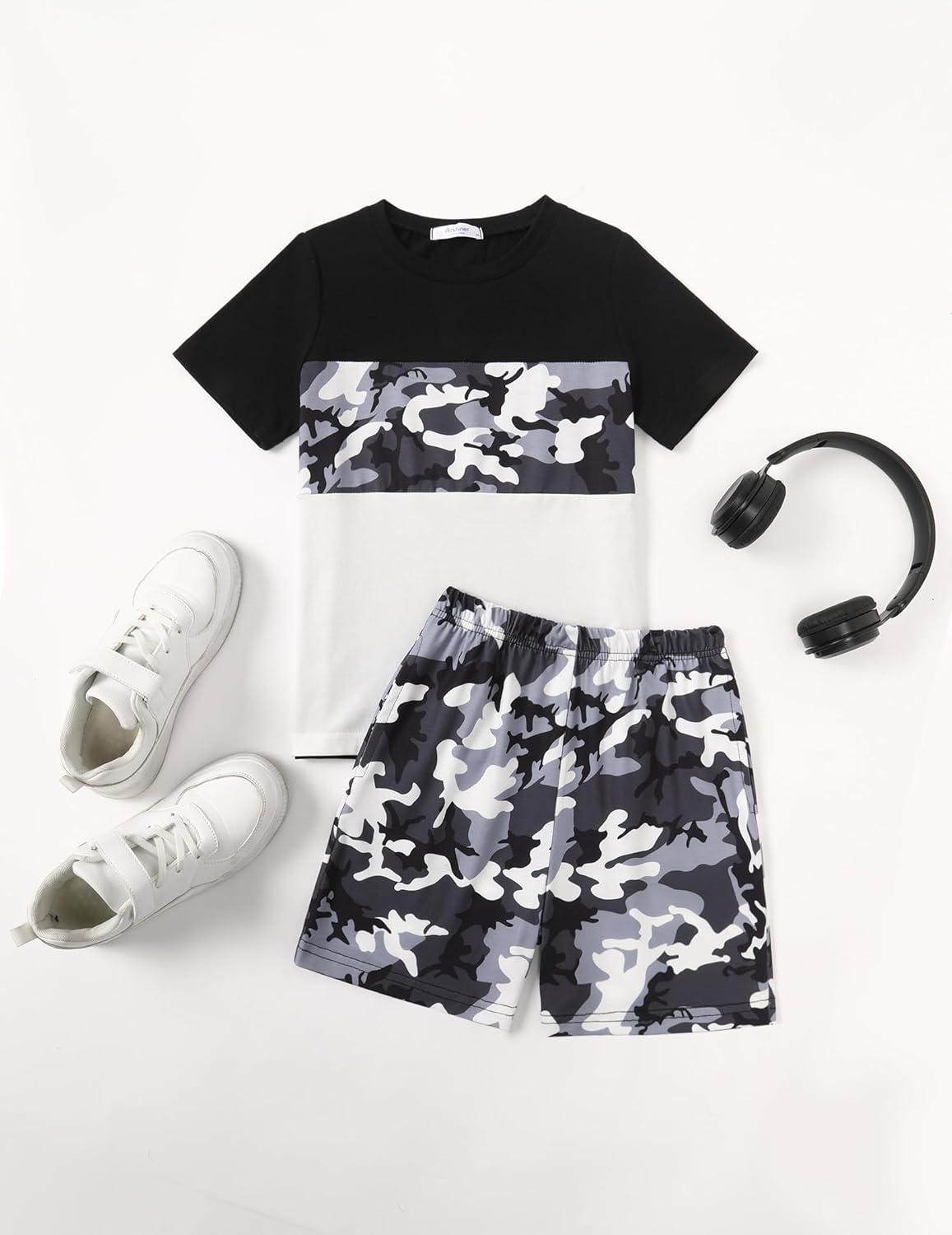 image:imageArshiner Boys 2Piece Cotton Outfit Color Block TShirt and Shorts Set Summer Camo Clothes for Kids 514 YearsCamouflage Black Grey