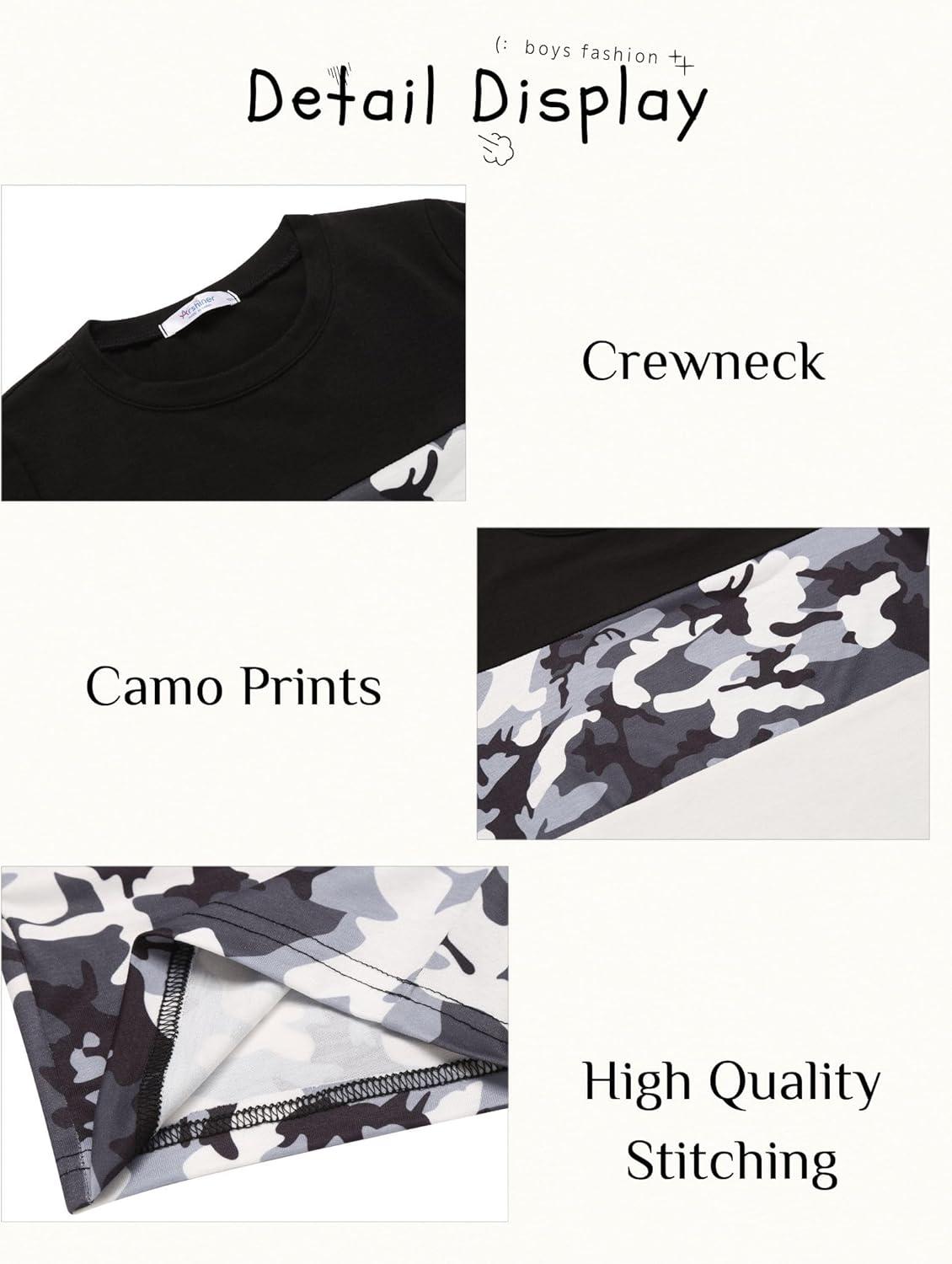 image:imageArshiner Boys 2Piece Cotton Outfit Color Block TShirt and Shorts Set Summer Camo Clothes for Kids 514 YearsCamouflage Black Grey