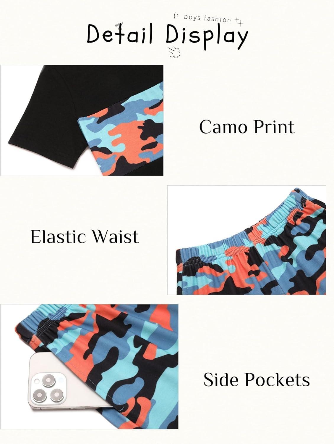 image:imageArshiner Boys 2Piece Cotton Outfit Color Block TShirt and Shorts Set Summer Camo Clothes for Kids 514 YearsCamouflage Blue