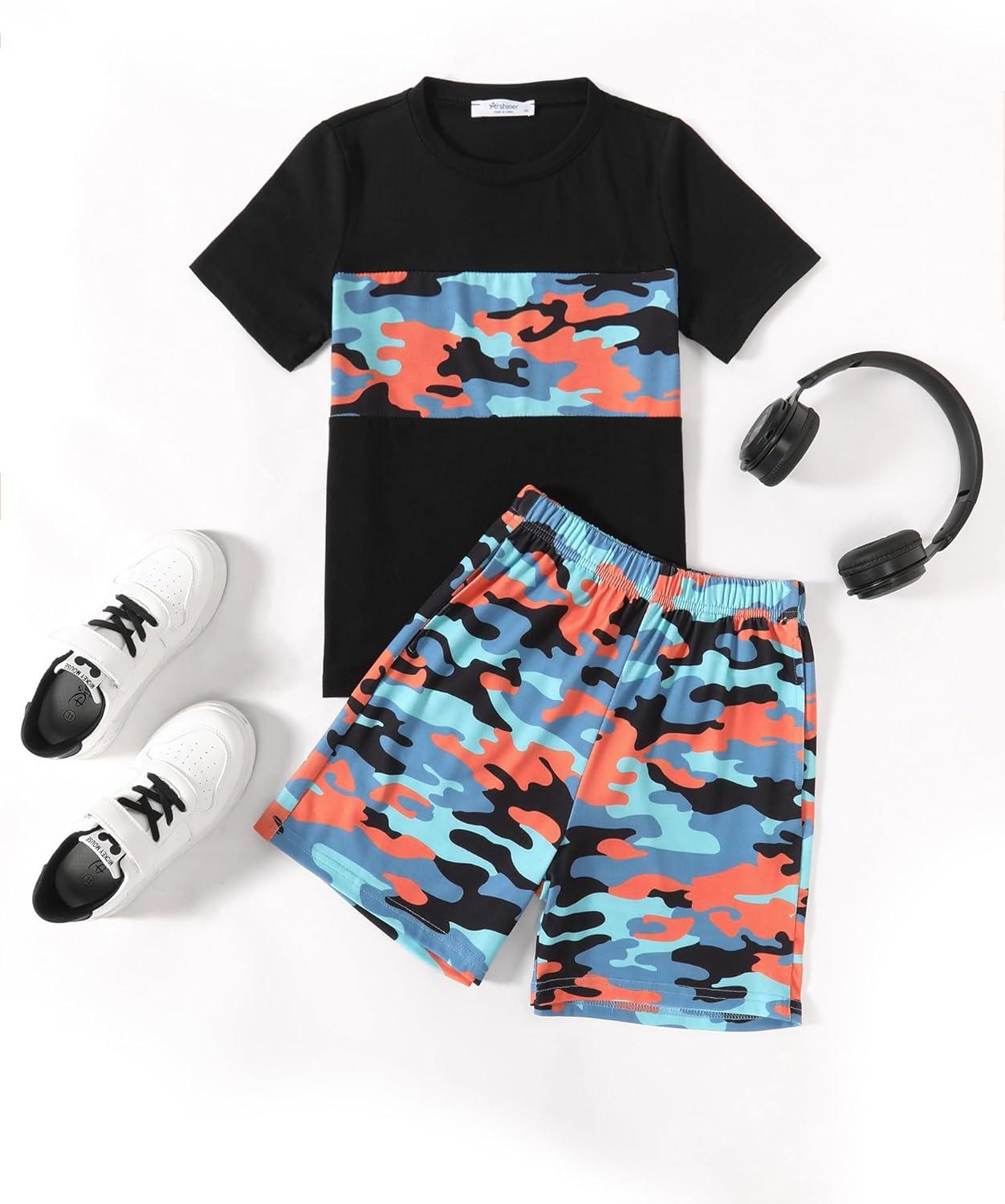 image:imageArshiner Boys 2Piece Cotton Outfit Color Block TShirt and Shorts Set Summer Camo Clothes for Kids 514 YearsCamouflage Blue
