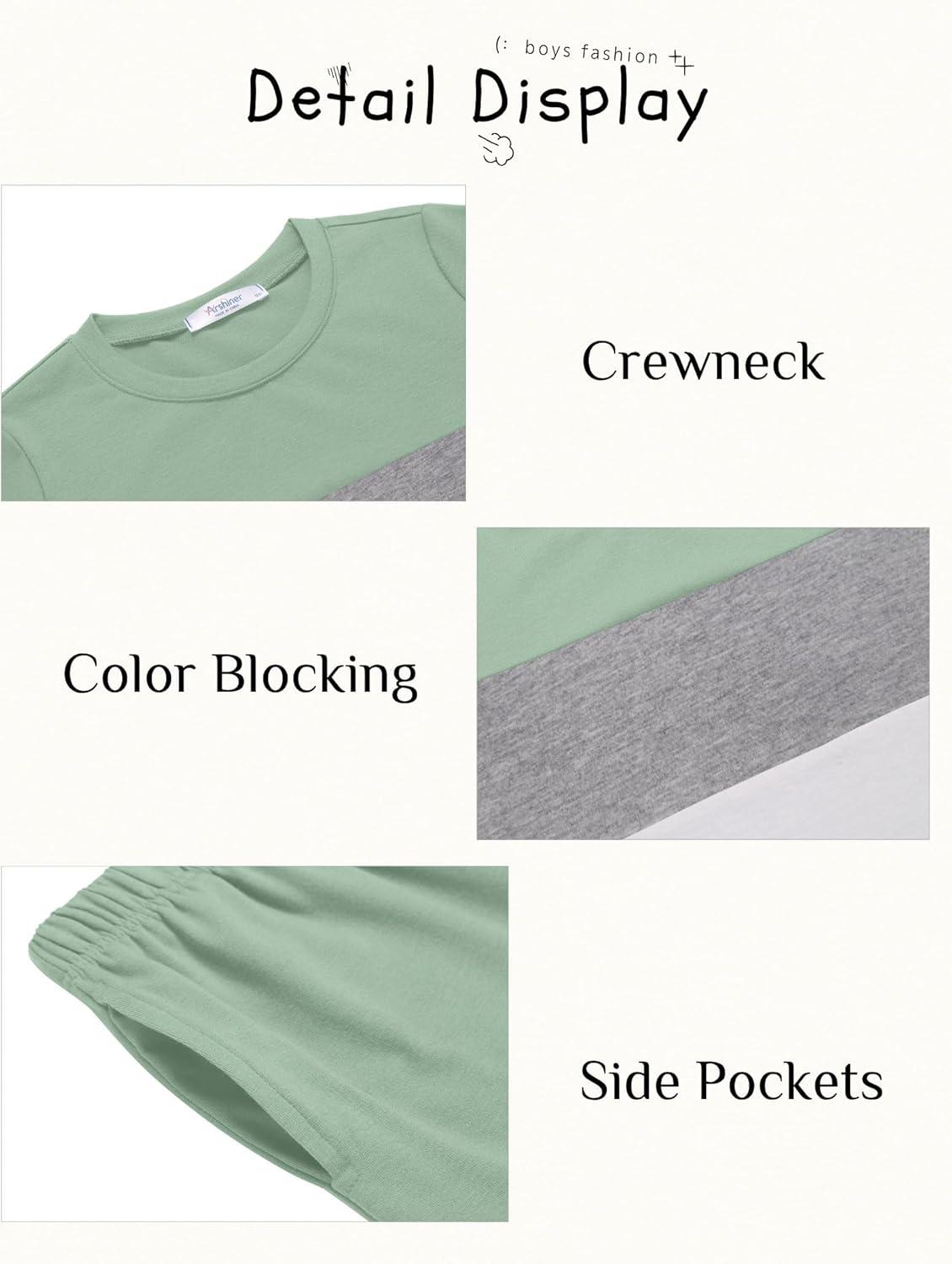 image:imageArshiner Boys 2Piece Cotton Outfit Color Block TShirt and Shorts Set Summer Camo Clothes for Kids 514 YearsGreen Grey White