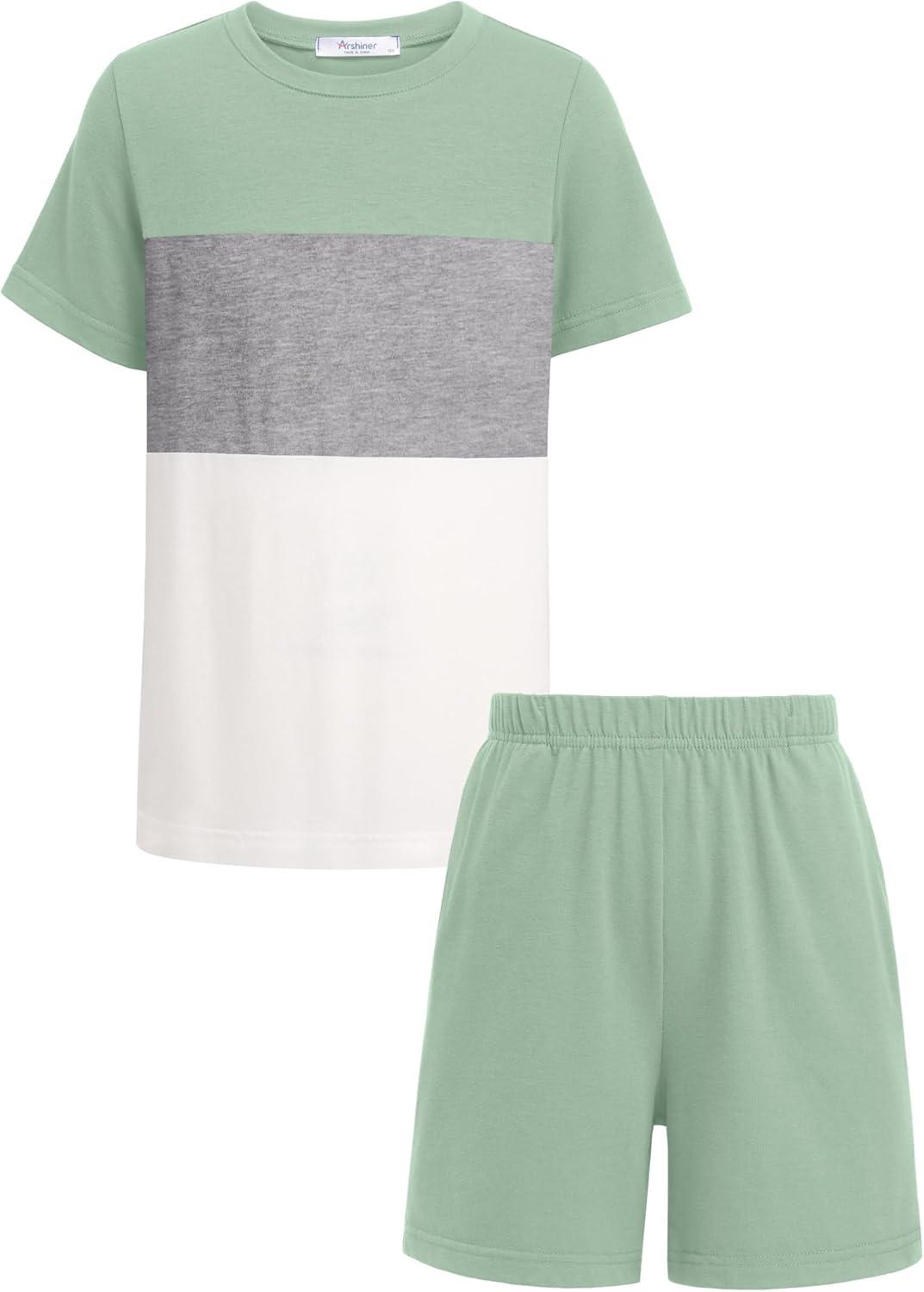 image:imageArshiner Boys 2Piece Cotton Outfit Color Block TShirt and Shorts Set Summer Camo Clothes for Kids 514 YearsGreen Grey White