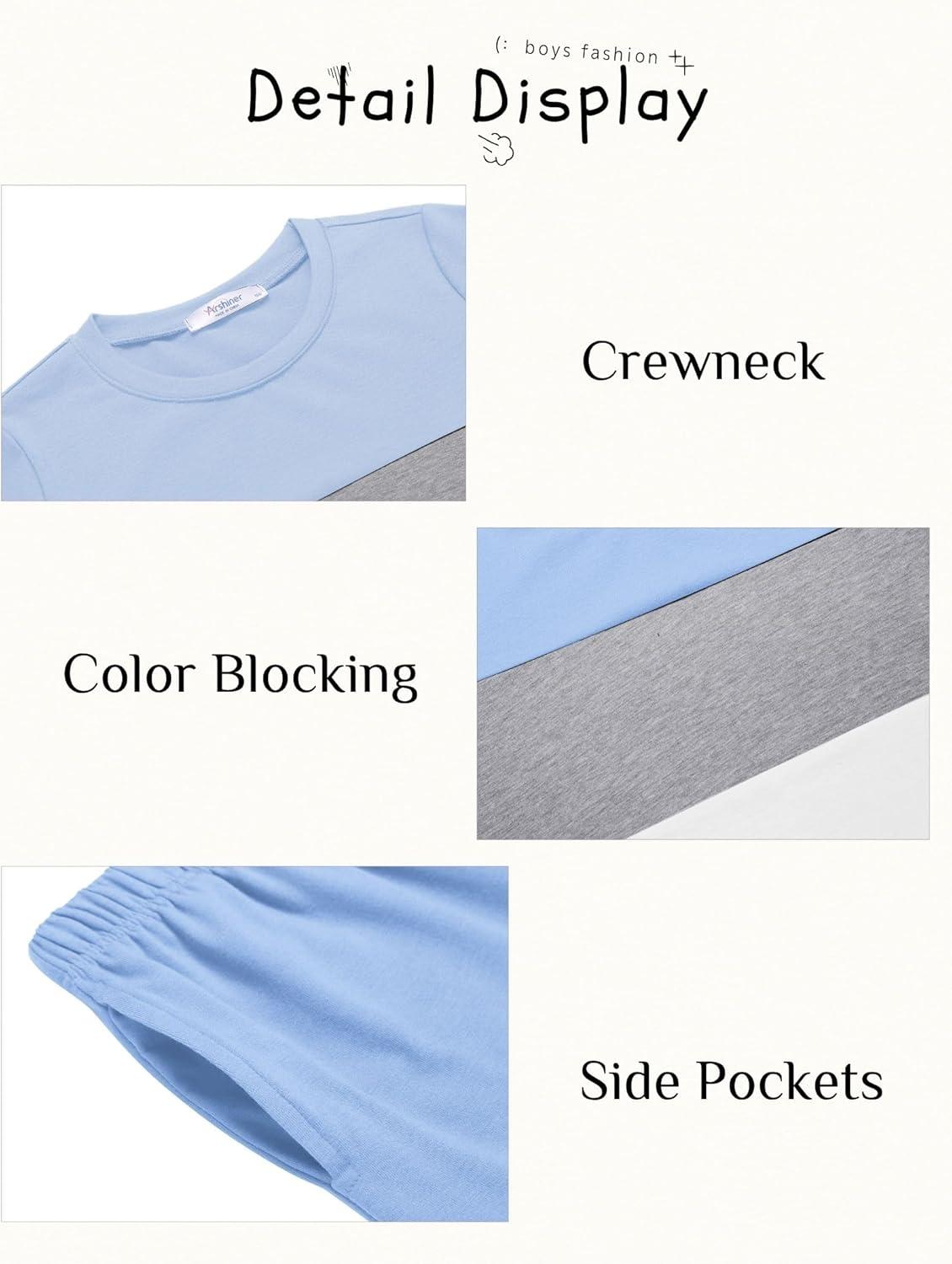 image:imageArshiner Boys 2Piece Cotton Outfit Color Block TShirt and Shorts Set Summer Camo Clothes for Kids 514 YearsLight Blue Grey White