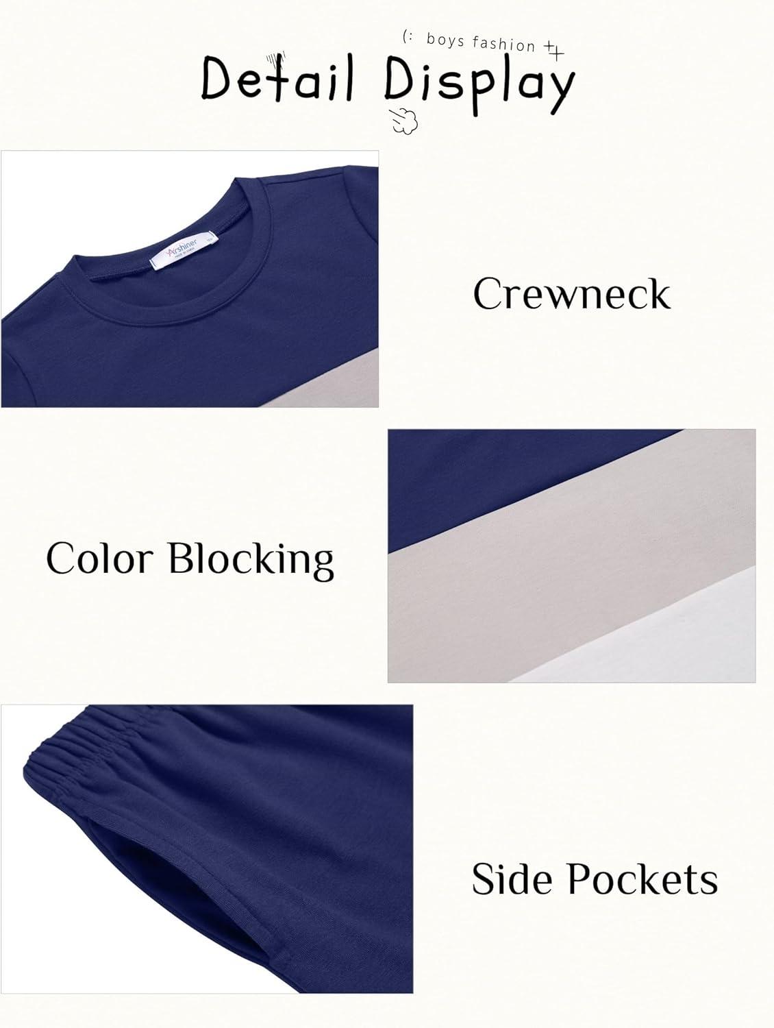 image:imageArshiner Boys 2Piece Cotton Outfit Color Block TShirt and Shorts Set Summer Camo Clothes for Kids 514 YearsNavy Grey White