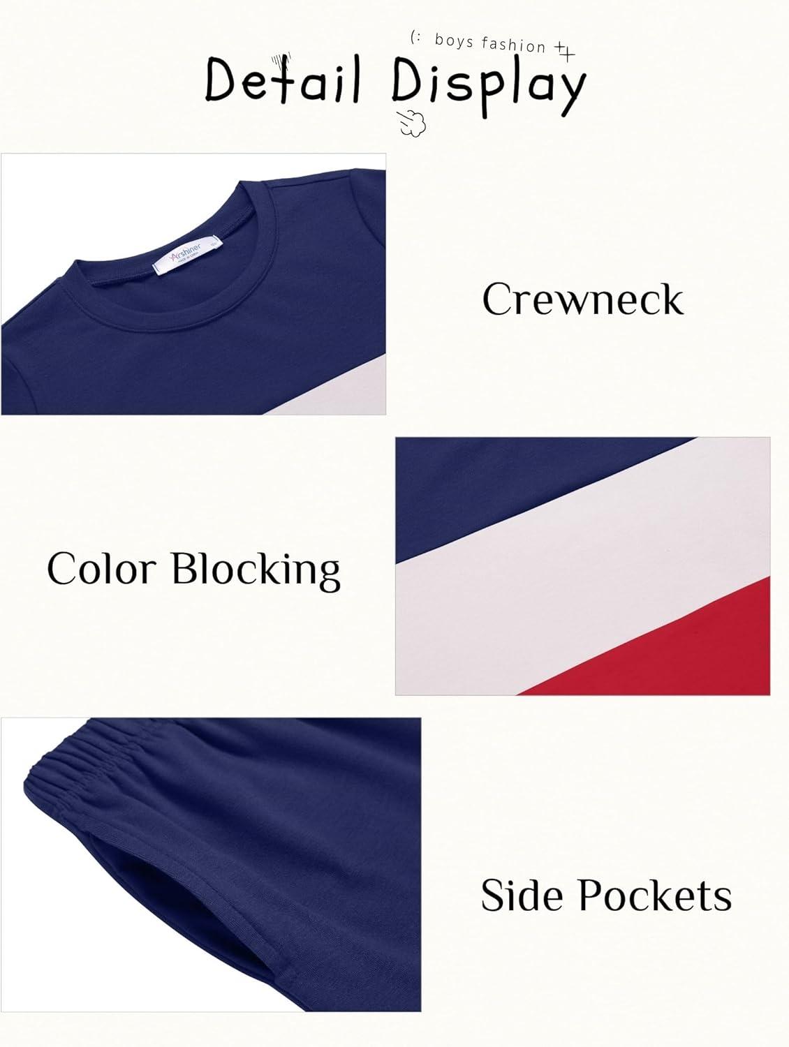 image:imageArshiner Boys 2Piece Cotton Outfit Color Block TShirt and Shorts Set Summer Camo Clothes for Kids 514 YearsNavy White Red