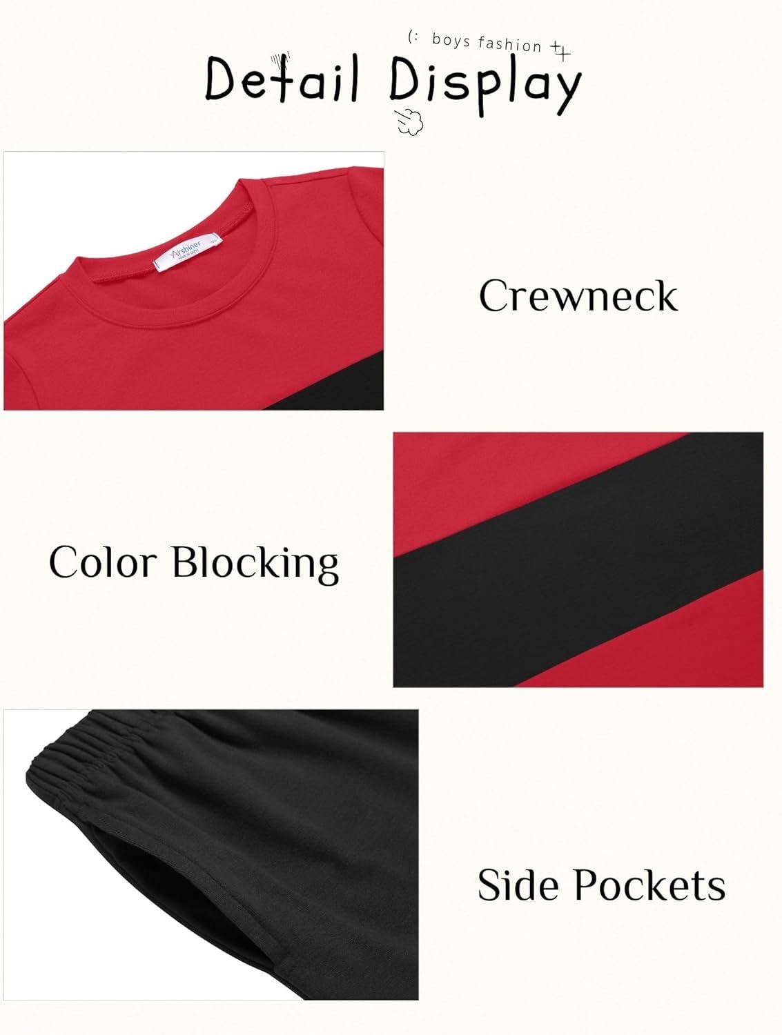 image:imageArshiner Boys 2Piece Cotton Outfit Color Block TShirt and Shorts Set Summer Camo Clothes for Kids 514 YearsRed Black