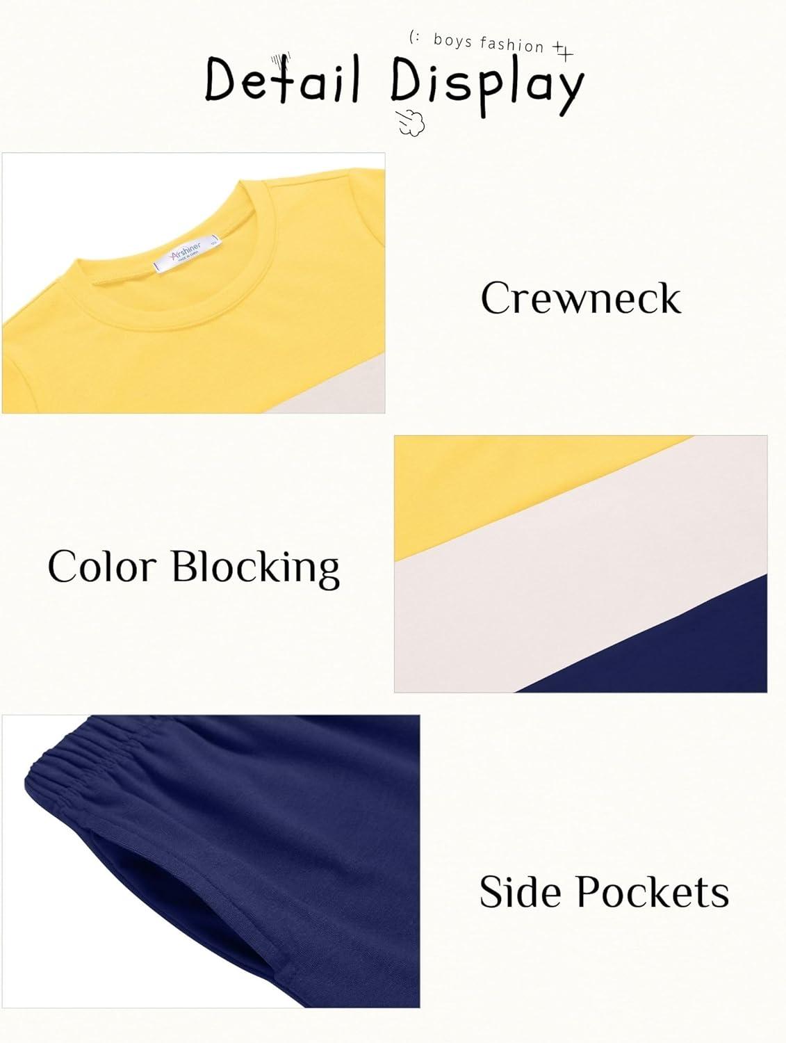 image:imageArshiner Boys 2Piece Cotton Outfit Color Block TShirt and Shorts Set Summer Camo Clothes for Kids 514 YearsYellow White Navy