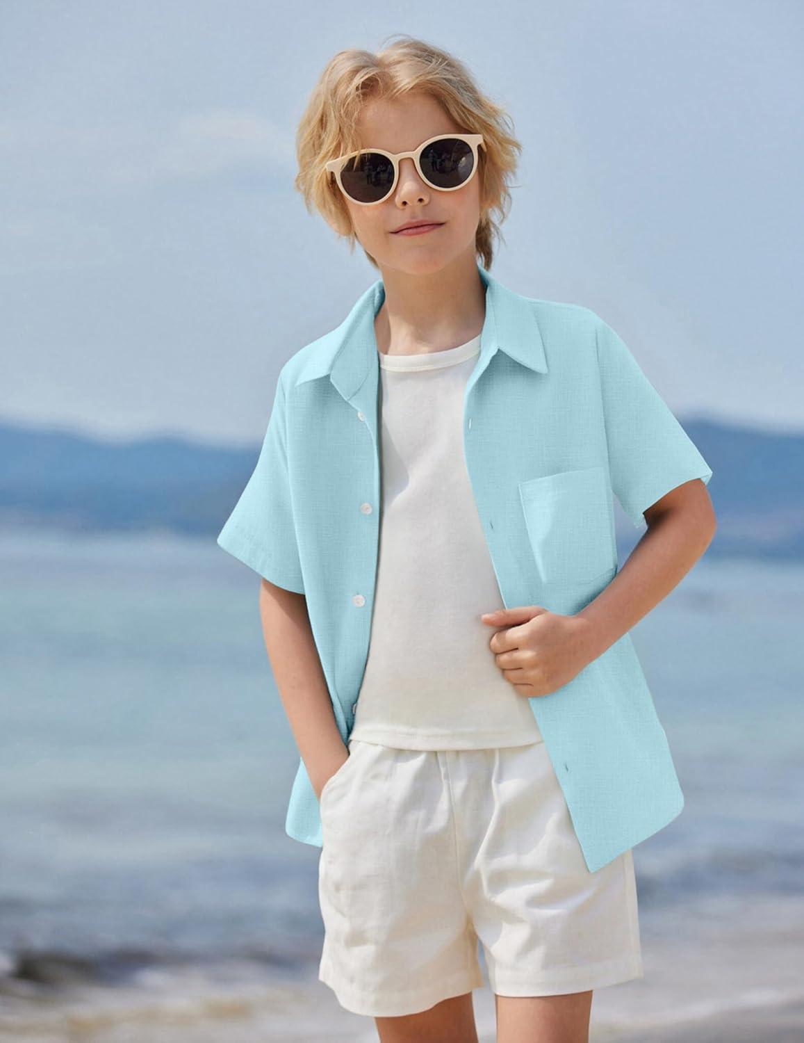 image:imageArshiner Boys Button Down Shirt 100 Cotton Short Sleeve Shirt Solid Summer Beach Shirts with Pocket Size 414 YearsBlue
