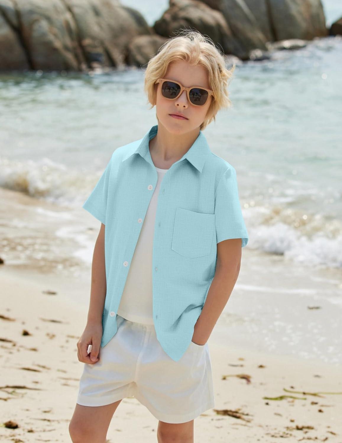 image:imageArshiner Boys Button Down Shirt 100 Cotton Short Sleeve Shirt Solid Summer Beach Shirts with Pocket Size 414 YearsBlue