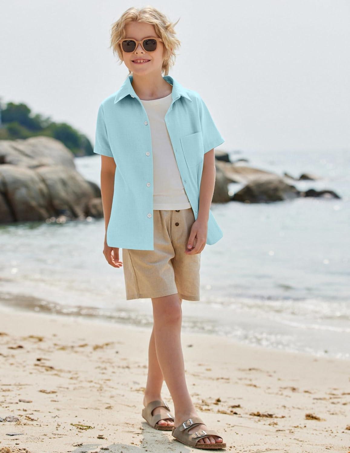 image:imageArshiner Boys Button Down Shirt 100 Cotton Short Sleeve Shirt Solid Summer Beach Shirts with Pocket Size 414 YearsBlue