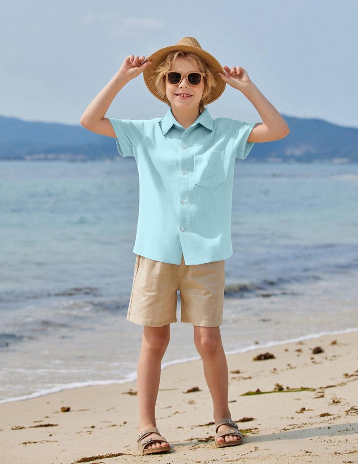 image:imageArshiner Boys Button Down Shirt 100 Cotton Short Sleeve Shirt Solid Summer Beach Shirts with Pocket Size 414 YearsBlue