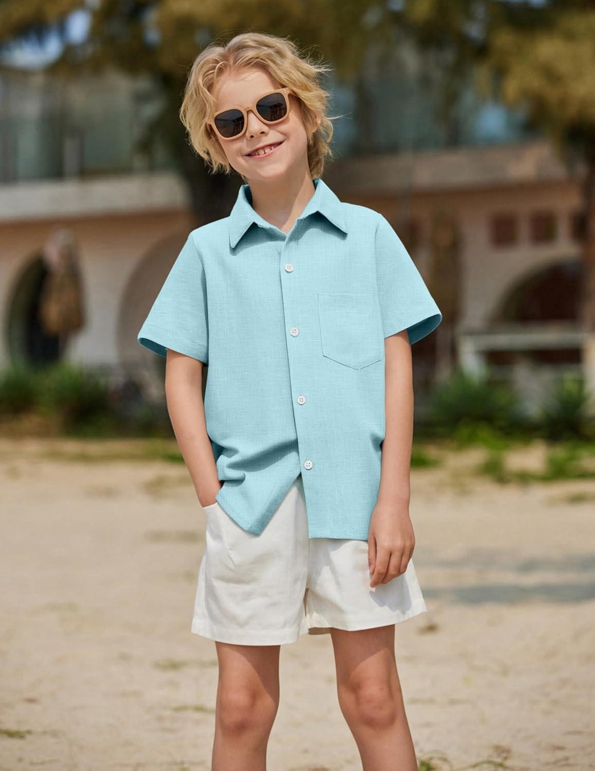 image:imageArshiner Boys Button Down Shirt 100 Cotton Short Sleeve Shirt Solid Summer Beach Shirts with Pocket Size 414 YearsBlue