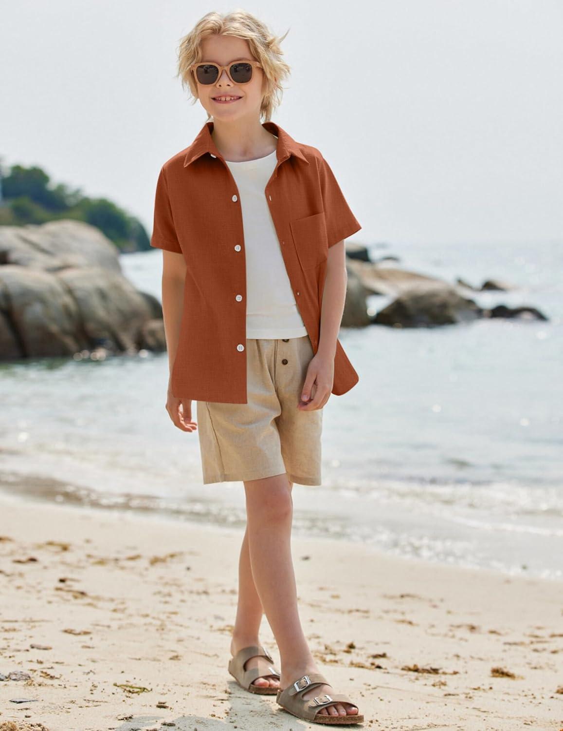 image:imageArshiner Boys Button Down Shirt 100 Cotton Short Sleeve Shirt Solid Summer Beach Shirts with Pocket Size 414 YearsCaramel