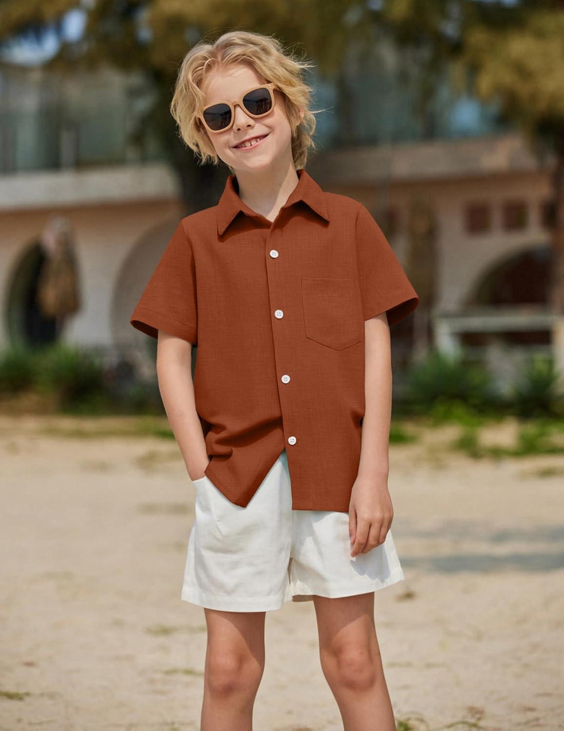 image:imageArshiner Boys Button Down Shirt 100 Cotton Short Sleeve Shirt Solid Summer Beach Shirts with Pocket Size 414 YearsCaramel