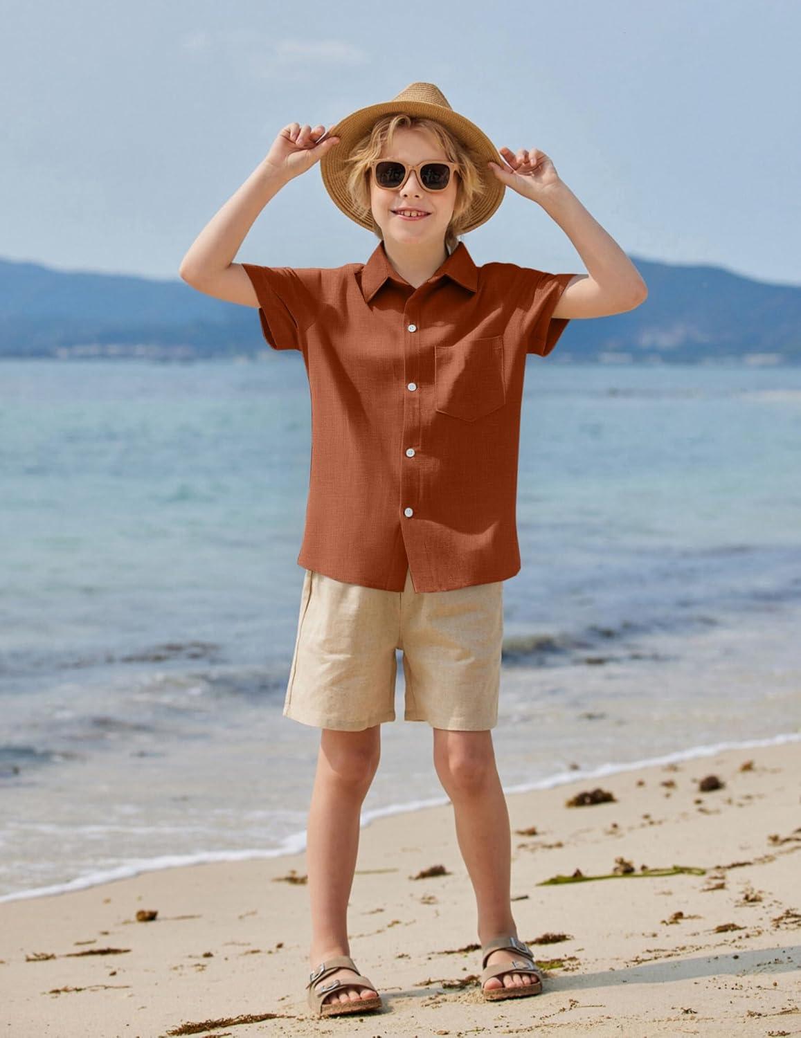 image:imageArshiner Boys Button Down Shirt 100 Cotton Short Sleeve Shirt Solid Summer Beach Shirts with Pocket Size 414 YearsCaramel