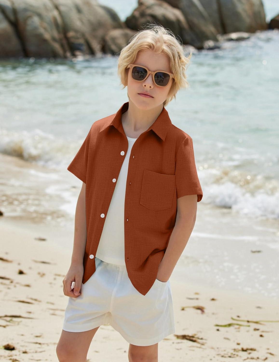 image:imageArshiner Boys Button Down Shirt 100 Cotton Short Sleeve Shirt Solid Summer Beach Shirts with Pocket Size 414 YearsCaramel