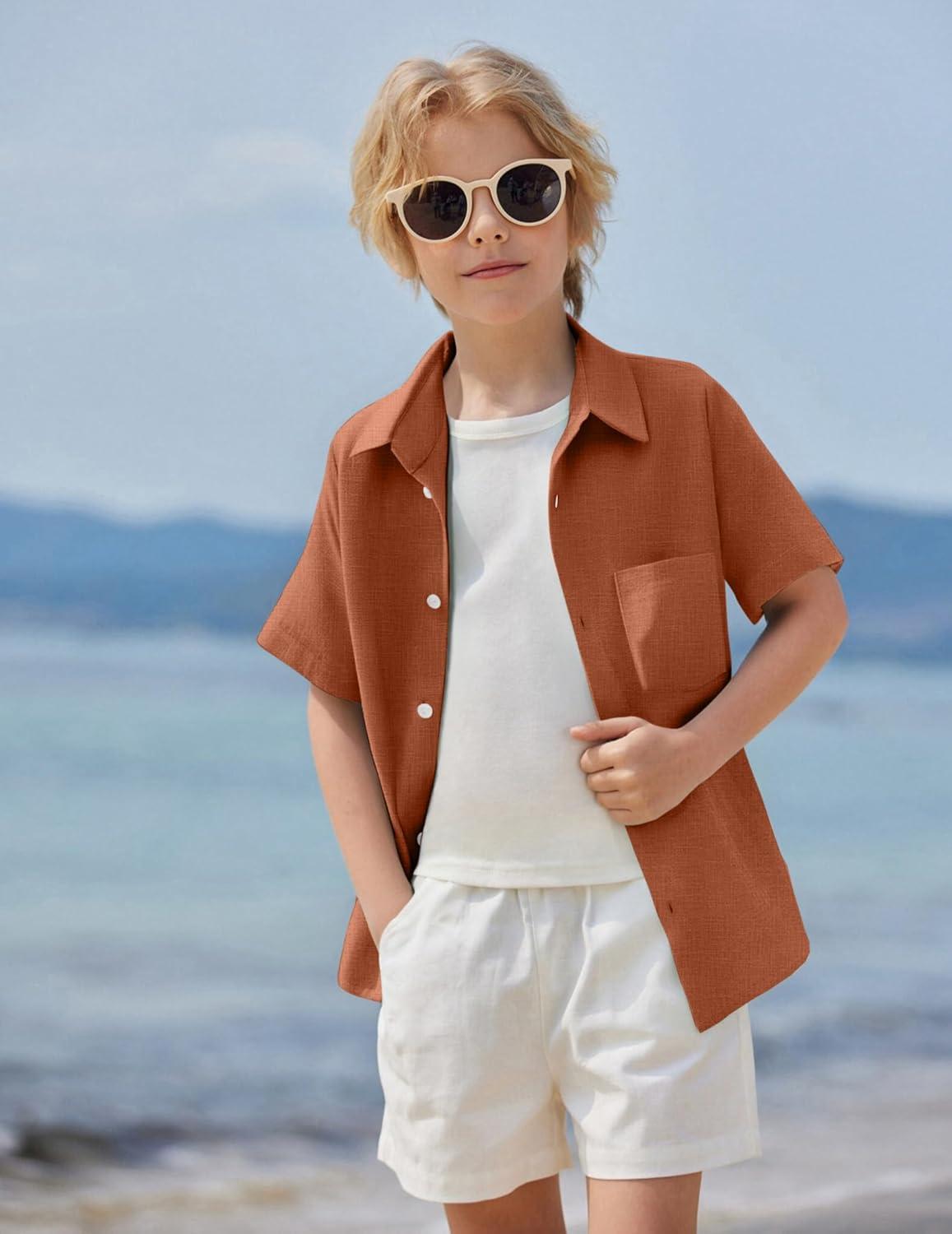 image:imageArshiner Boys Button Down Shirt 100 Cotton Short Sleeve Shirt Solid Summer Beach Shirts with Pocket Size 414 YearsCaramel