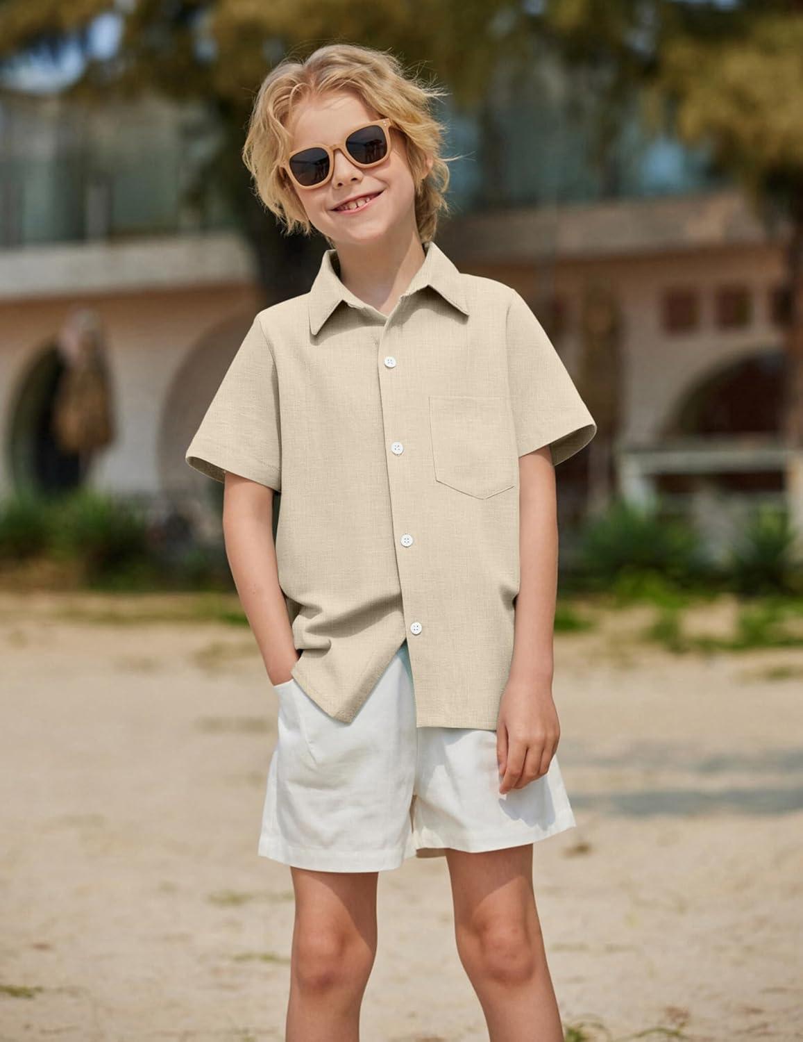image:imageArshiner Boys Button Down Shirt 100 Cotton Short Sleeve Shirt Solid Summer Beach Shirts with Pocket Size 414 YearsChampagne