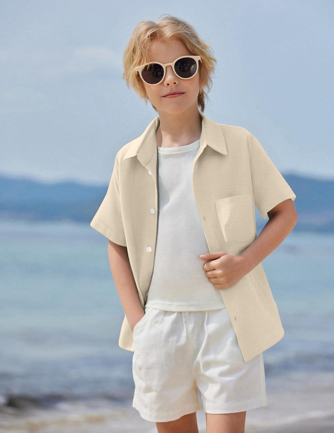 image:imageArshiner Boys Button Down Shirt 100 Cotton Short Sleeve Shirt Solid Summer Beach Shirts with Pocket Size 414 YearsChampagne