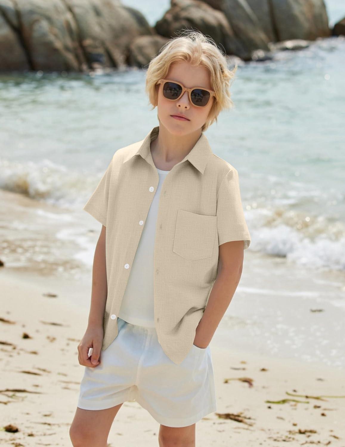 image:imageArshiner Boys Button Down Shirt 100 Cotton Short Sleeve Shirt Solid Summer Beach Shirts with Pocket Size 414 YearsChampagne