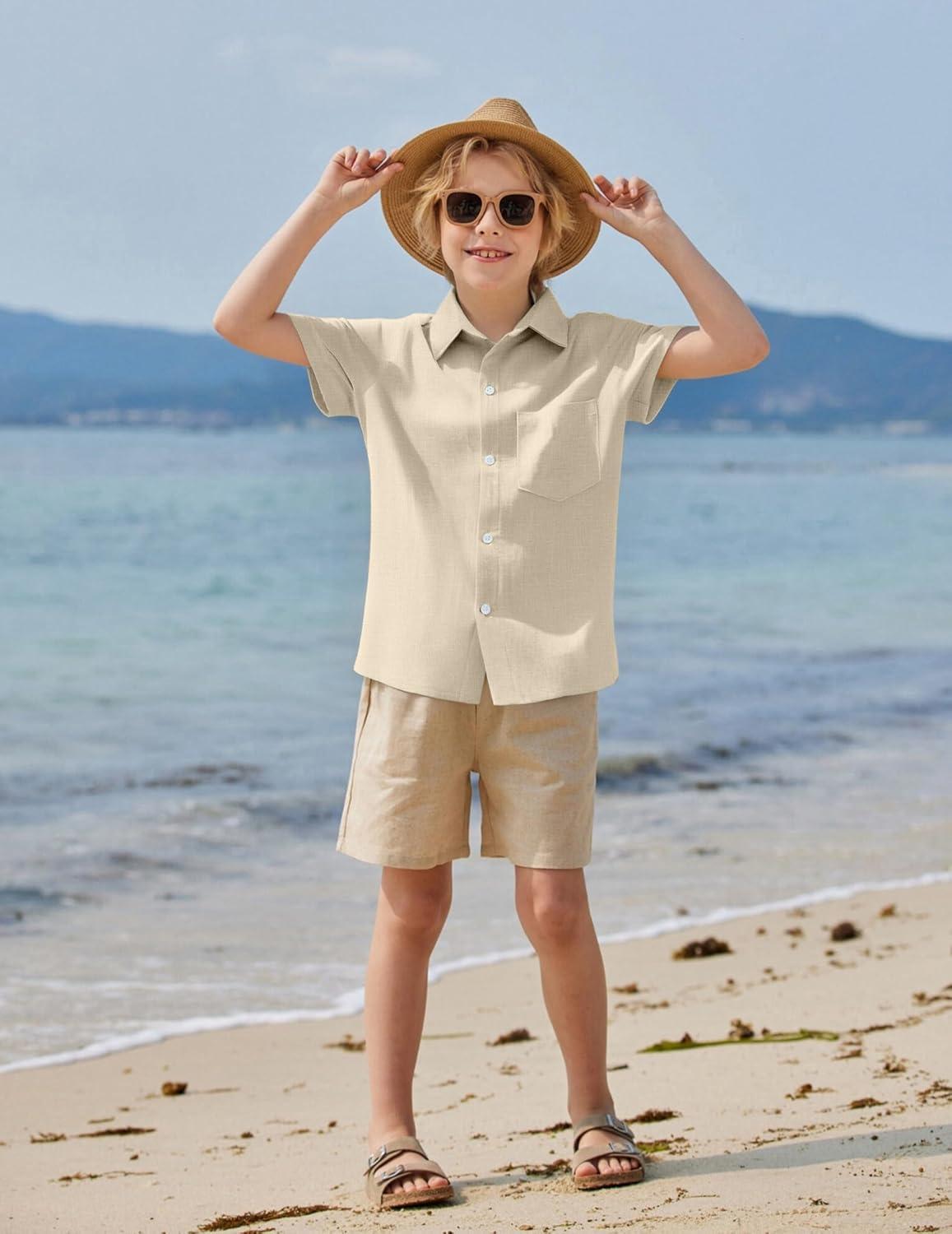 image:imageArshiner Boys Button Down Shirt 100 Cotton Short Sleeve Shirt Solid Summer Beach Shirts with Pocket Size 414 YearsChampagne