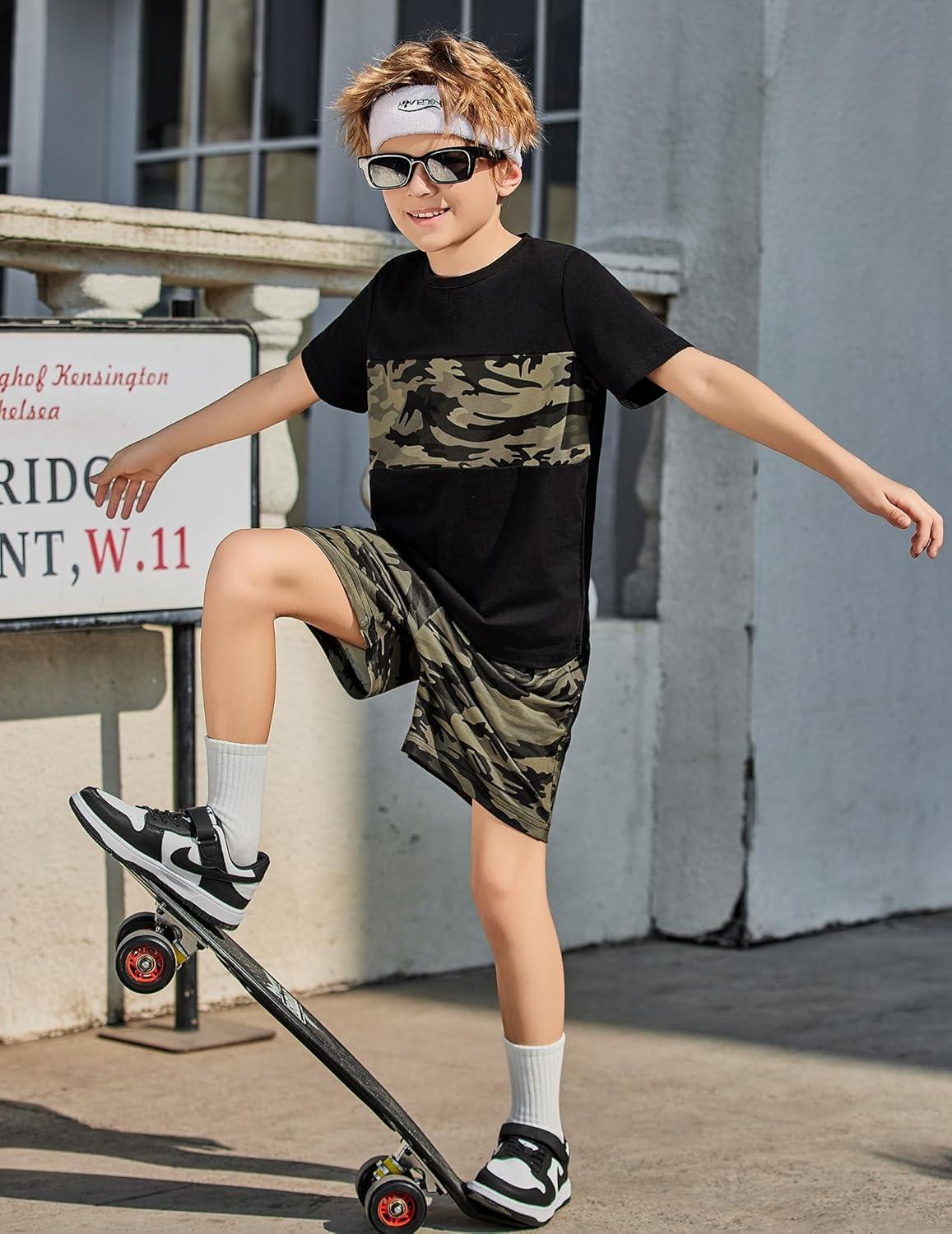 image:imageArshiner Boys Short Sleeve Camo T Shirt and Shorts Set 2Piece Black Outfit for Kids 910 Years