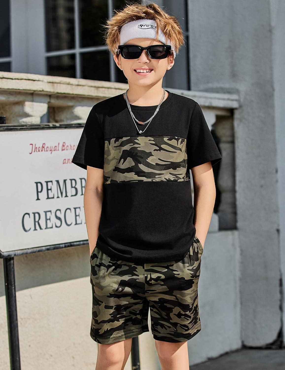 image:imageArshiner Boys Short Sleeve Camo T Shirt and Shorts Set 2Piece Black Outfit for Kids 910 Years