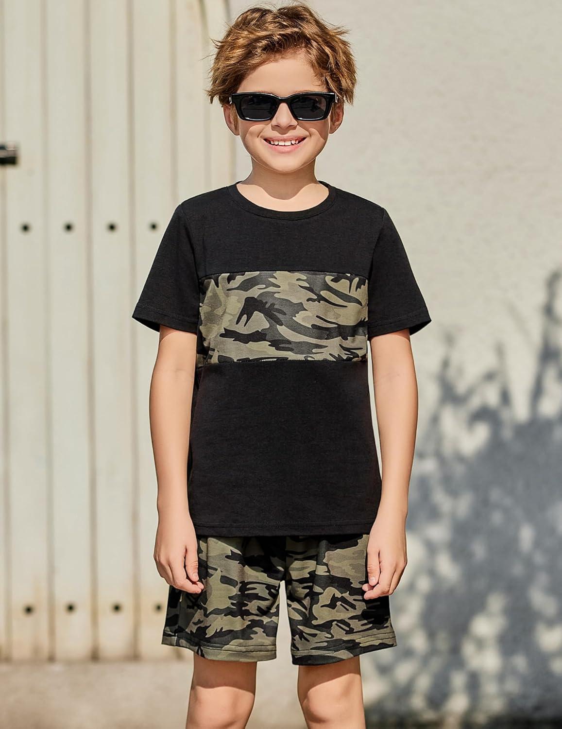 image:imageArshiner Boys Short Sleeve Camo T Shirt and Shorts Set 2Piece Black Outfit for Kids 910 Years