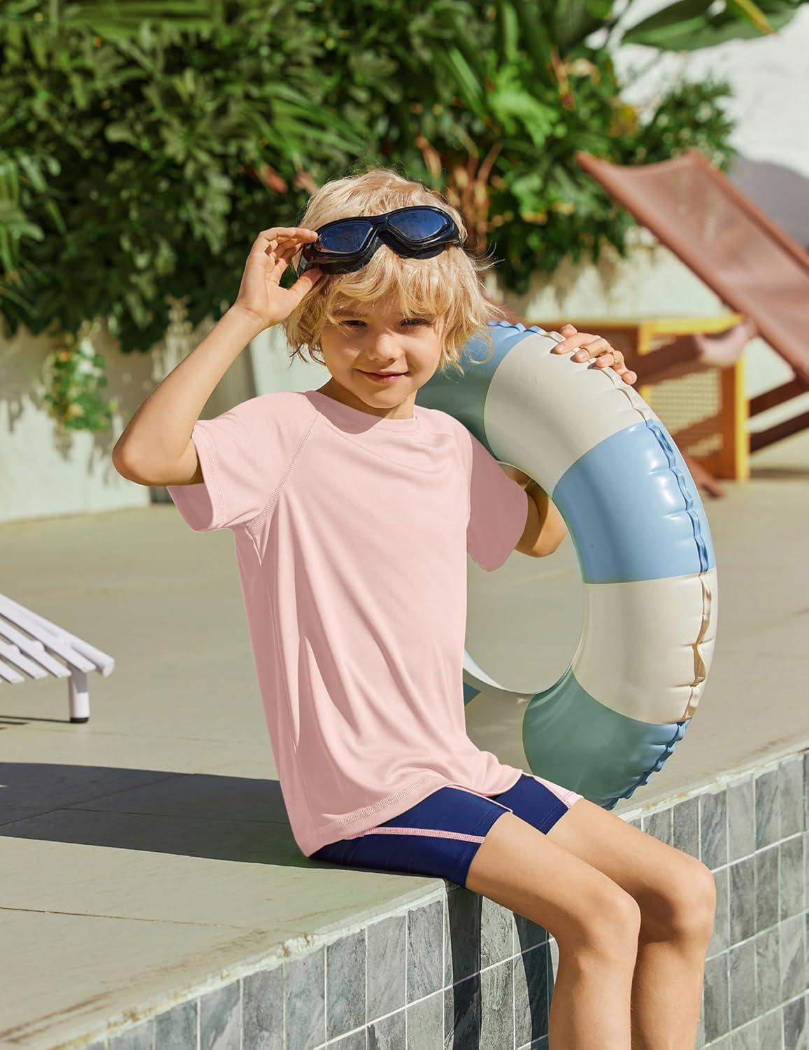image:imageArshiner Boys UPF 50 Rash Guard Swim Shirts Short Sleeve Quick Dry UV Protection Sun Shirt for Boys and GirlsLight Pink